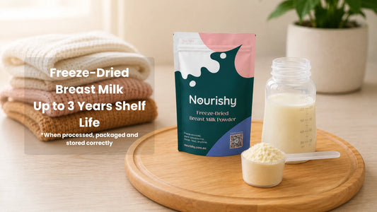 Freeze-dried breast milk in a Nourishy pouch for long-term breast milk storage