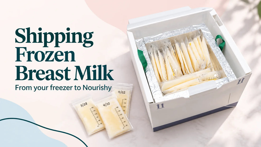 Frozen breast milk bags beside a Nourishy insulated shipping kit