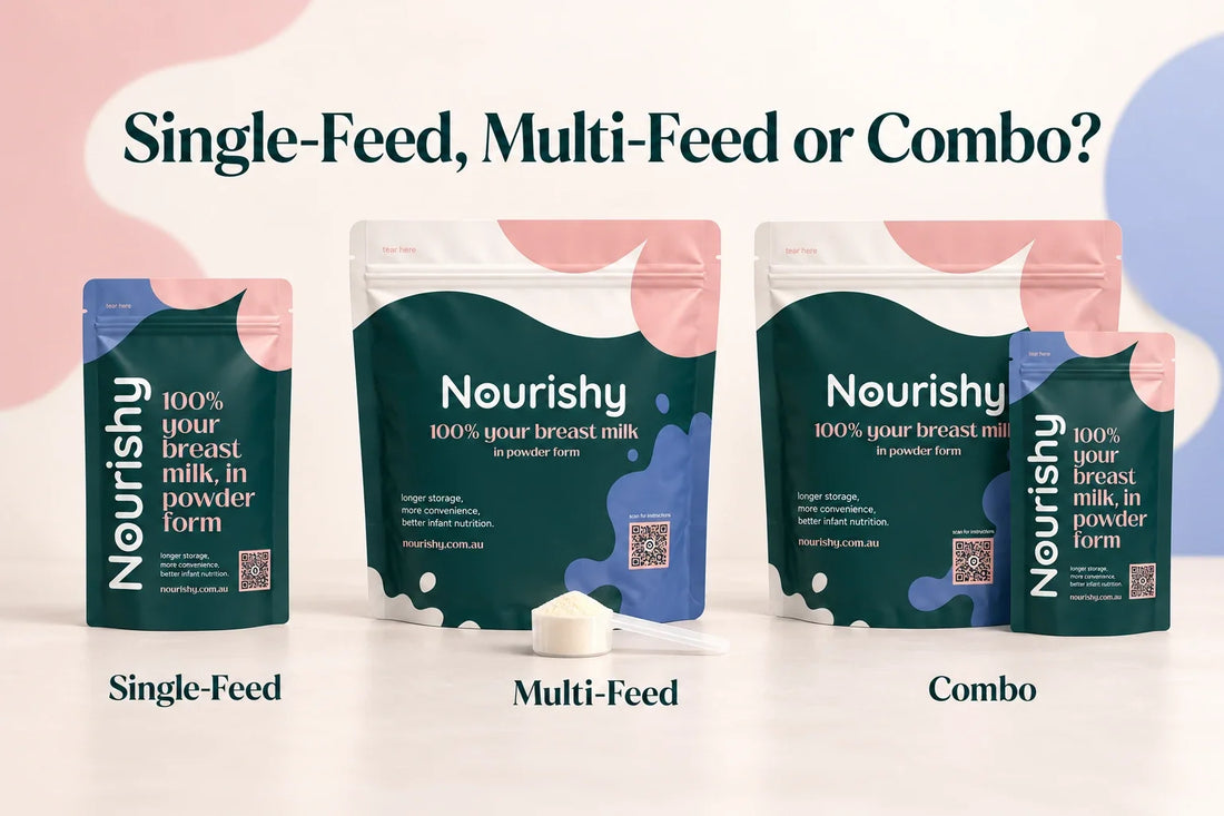Nourishy Single-Feed and Multi-Feed freeze-dried breast milk pouches shown side by side for comparison.